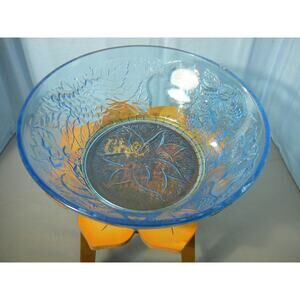 Vtg KIG Indonesia Blue Embossed Fruit and Leaf Serving Bowl